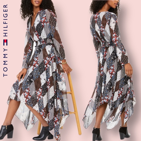 Tommy Hilfiger multicolor asymmetric dress long sleeve size M Smock Chiffon Midi - Picture 2 of 15